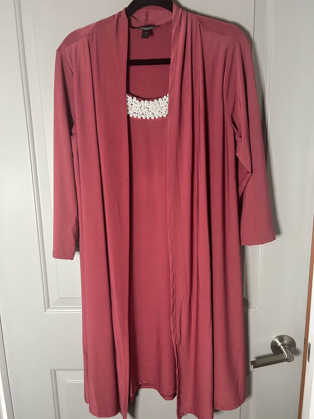 Blooming Rose Mauve Knit Cardigan Dress Set with Pearl Embellished Neckline